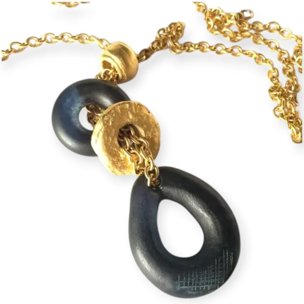Unique matte gold tone dark blue glass pendant necklace